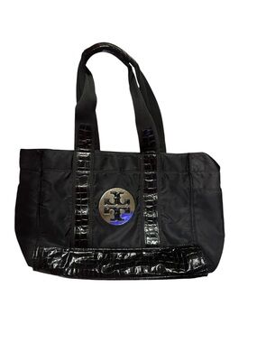 Tory Burch Black Nylon Tote with Patent Trim and Logo Medallion